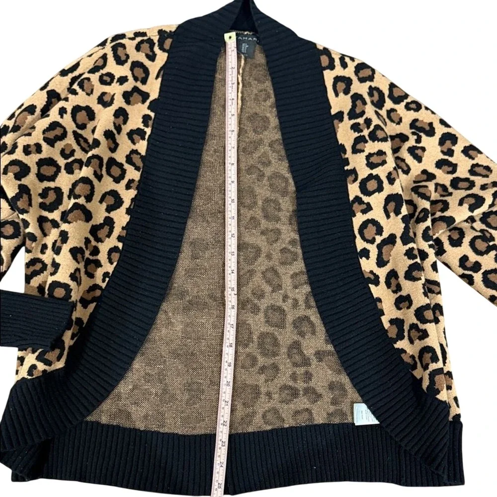 Tahari Cardigan Sweater‎ Womens Small Tan Leopard Print Open Front Ribbed Trim